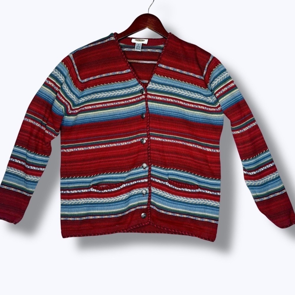 Talbots Women's Vintage Cardigan Sweater Size S Striped Button Front Pockets - Picture 1 of 8